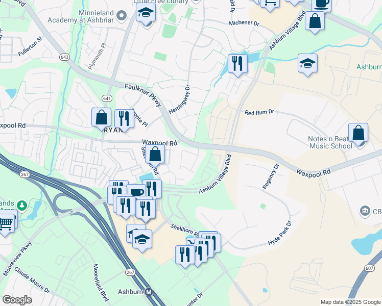 map of restaurants, bars, coffee shops, grocery stores, and more near Ladyslipper Square in Ashburn