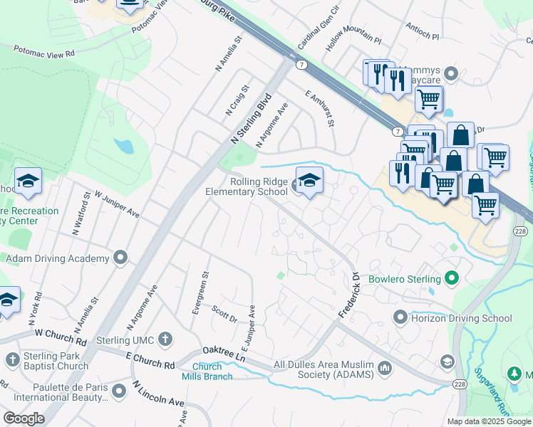 map of restaurants, bars, coffee shops, grocery stores, and more near 21736 Pinewood Court in Sterling