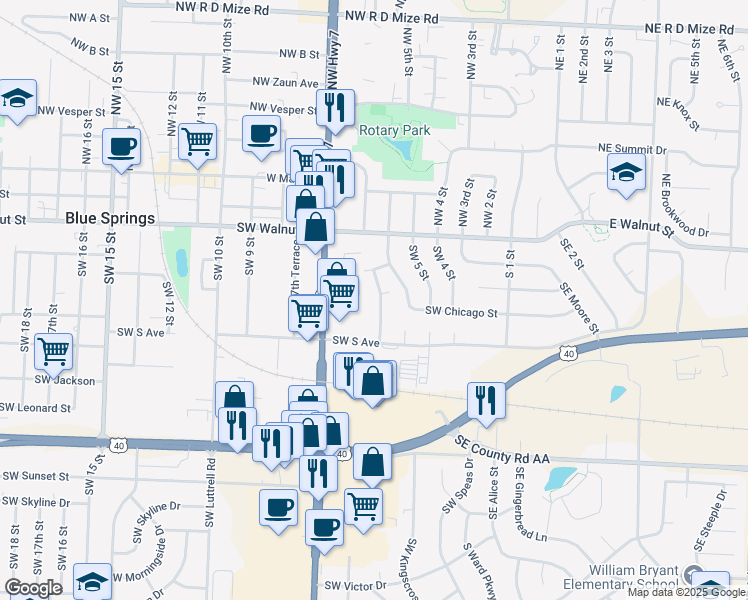 map of restaurants, bars, coffee shops, grocery stores, and more near 501 Southwest 6 Street in Blue Springs
