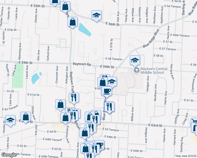 map of restaurants, bars, coffee shops, grocery stores, and more near 10008 East 60th Terrace in Raytown