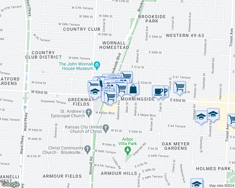 map of restaurants, bars, coffee shops, grocery stores, and more near 6312 Baltimore Avenue in Kansas City