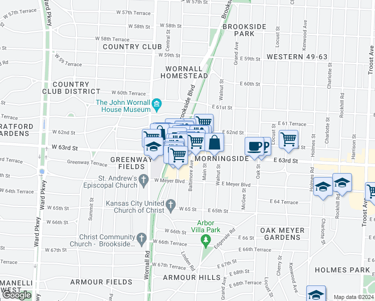 map of restaurants, bars, coffee shops, grocery stores, and more near 6312 Baltimore Avenue in Kansas City