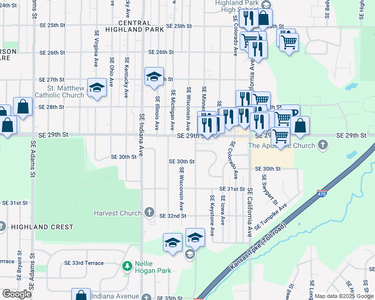 map of restaurants, bars, coffee shops, grocery stores, and more near 2935 Southeast Minnesota Avenue in Topeka