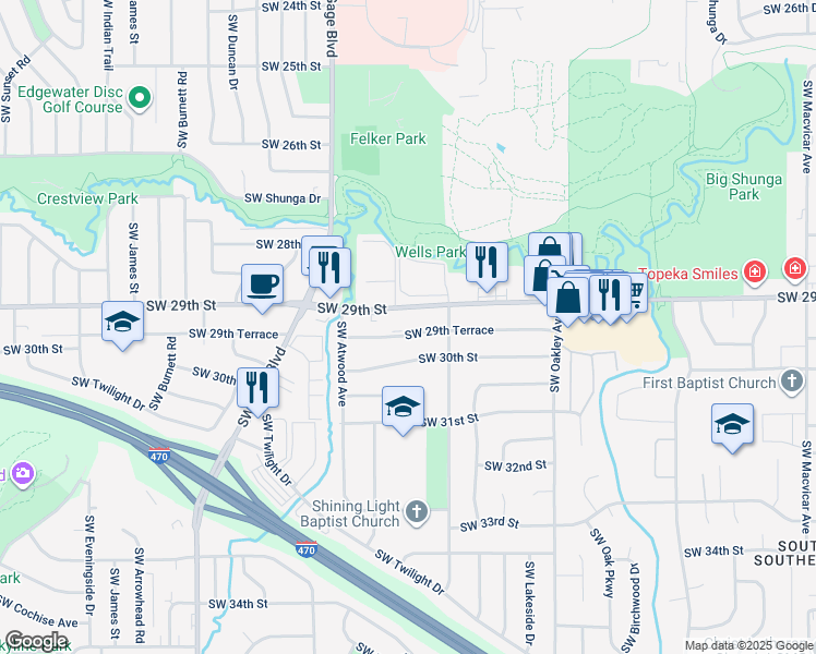 map of restaurants, bars, coffee shops, grocery stores, and more near 3619 Southwest 29th Terrace in Topeka