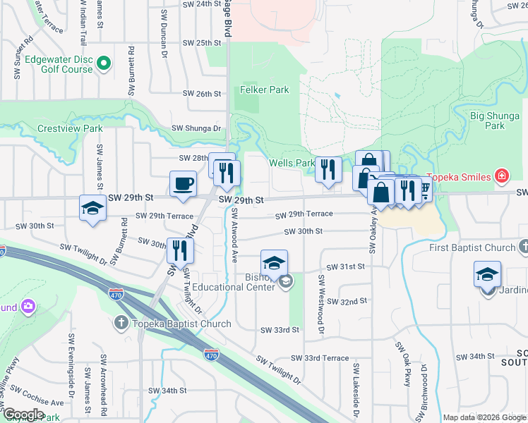 map of restaurants, bars, coffee shops, grocery stores, and more near 3619 Southwest 29th Terrace in Topeka