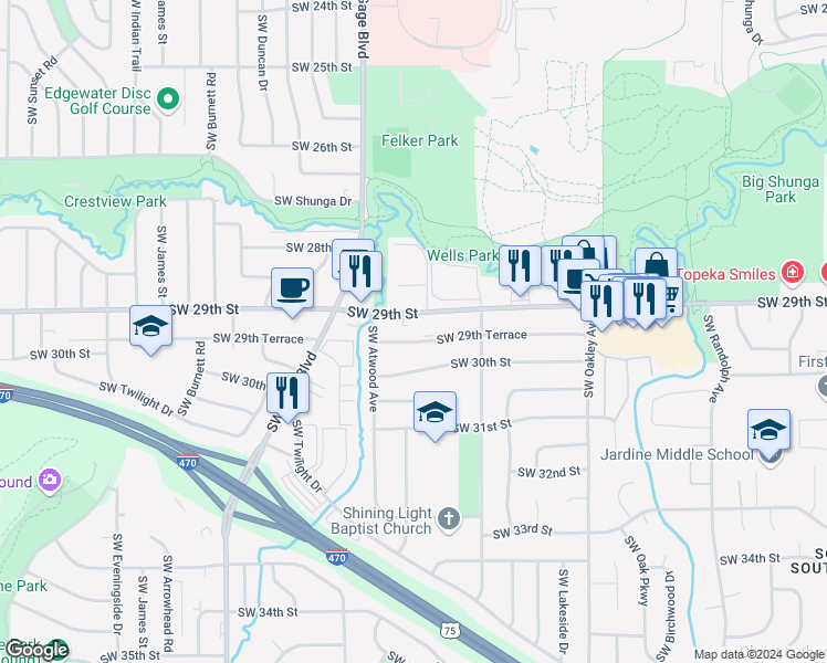 map of restaurants, bars, coffee shops, grocery stores, and more near 3619 Southwest 29th Terrace in Topeka