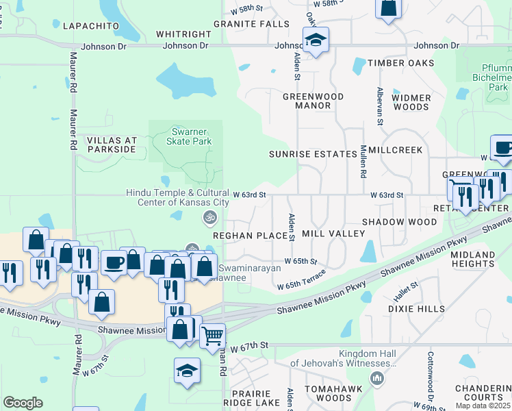 map of restaurants, bars, coffee shops, grocery stores, and more near 6305 Darnell Street in Shawnee