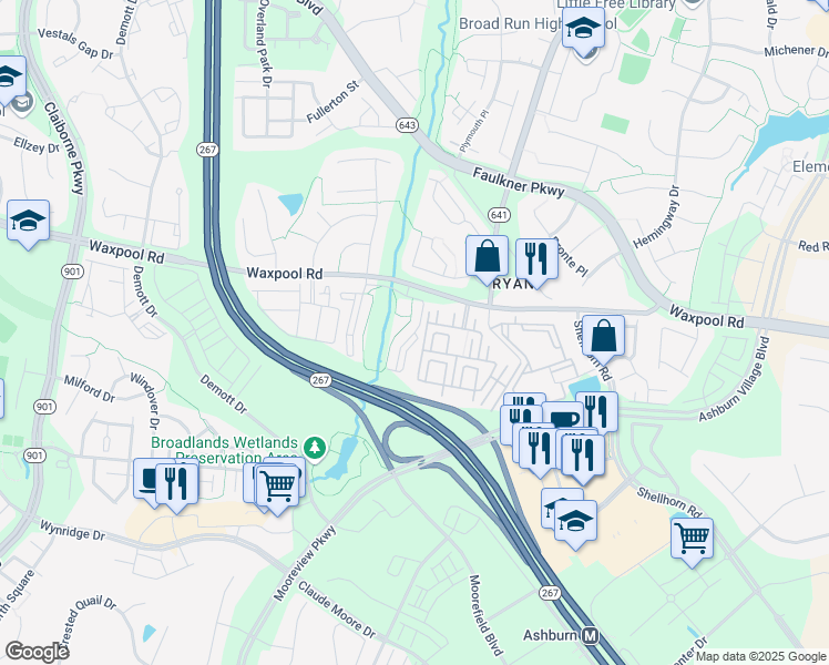 map of restaurants, bars, coffee shops, grocery stores, and more near 21805 Omeara Terrace in Ashburn
