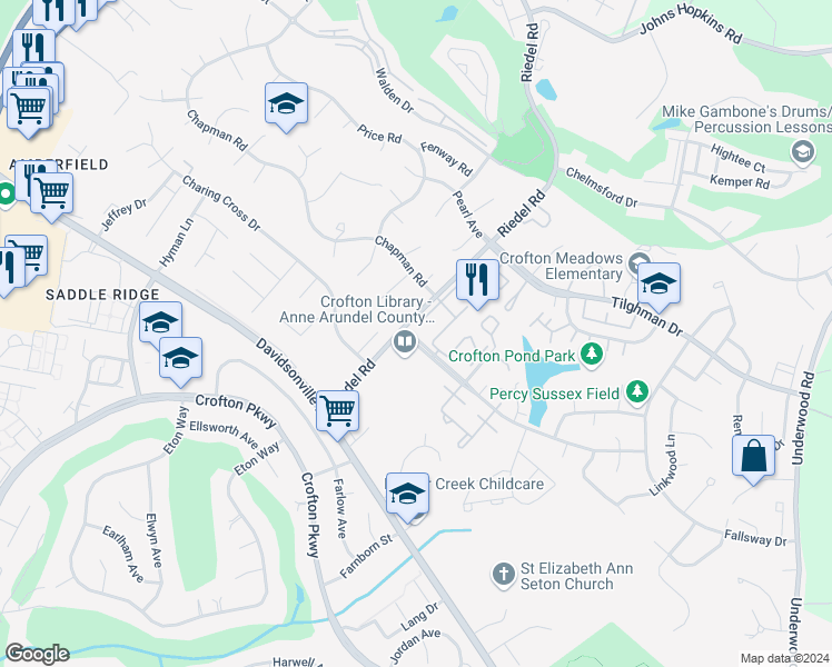 map of restaurants, bars, coffee shops, grocery stores, and more near 2241 Aberdeen Drive in Crofton