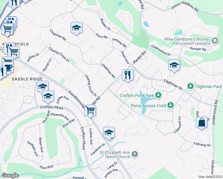 map of restaurants, bars, coffee shops, grocery stores, and more near 2241 Aberdeen Drive in Crofton