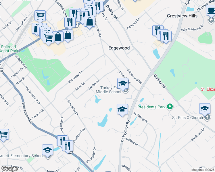 map of restaurants, bars, coffee shops, grocery stores, and more near 3054 Heritage Lane in Edgewood