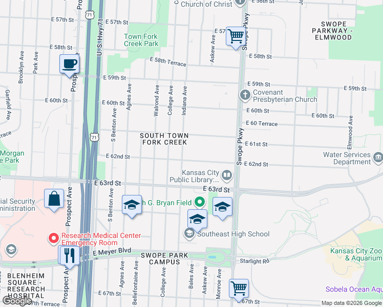map of restaurants, bars, coffee shops, grocery stores, and more near 3403 East 62nd Street in Kansas City