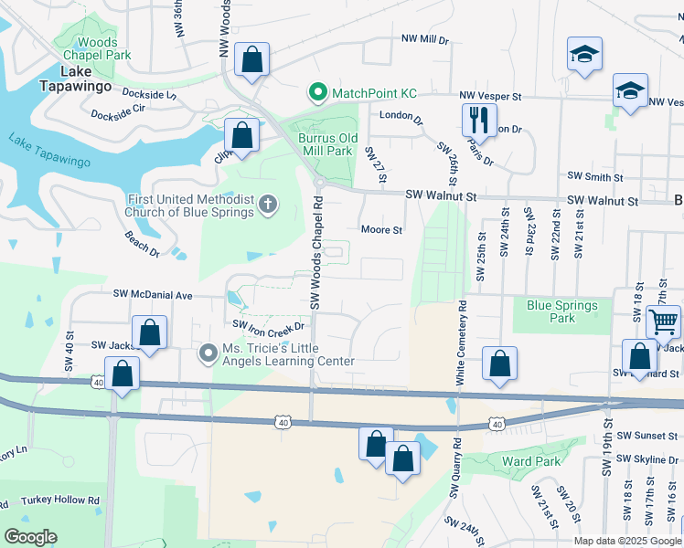 map of restaurants, bars, coffee shops, grocery stores, and more near 3109 Southwest Shadow Brook Drive in Blue Springs