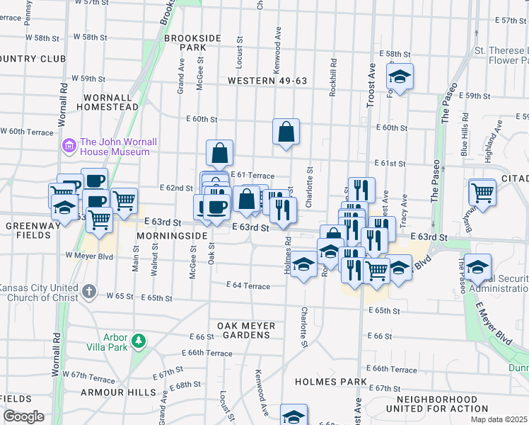 map of restaurants, bars, coffee shops, grocery stores, and more near 615 East 62nd Street in Kansas City