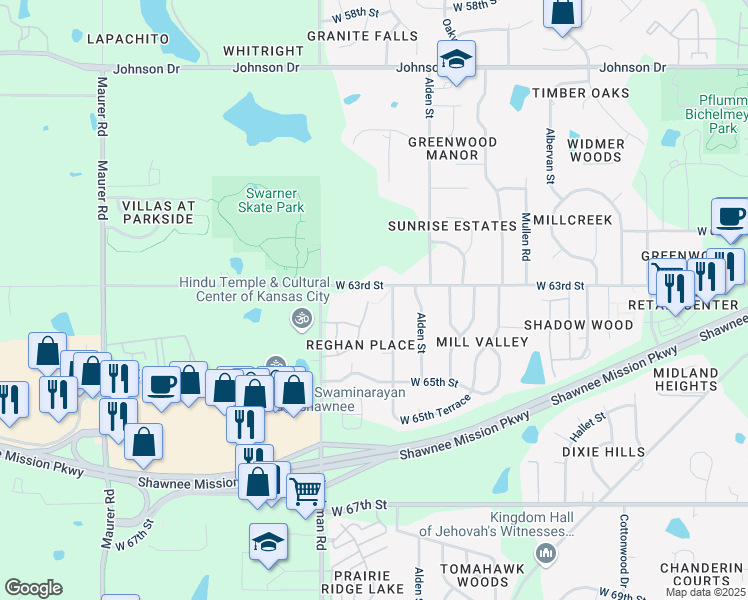 map of restaurants, bars, coffee shops, grocery stores, and more near 6303 Darnell Street in Shawnee