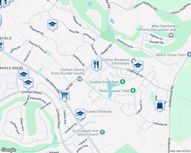 map of restaurants, bars, coffee shops, grocery stores, and more near 1604 East Bancroft Lane in Crofton