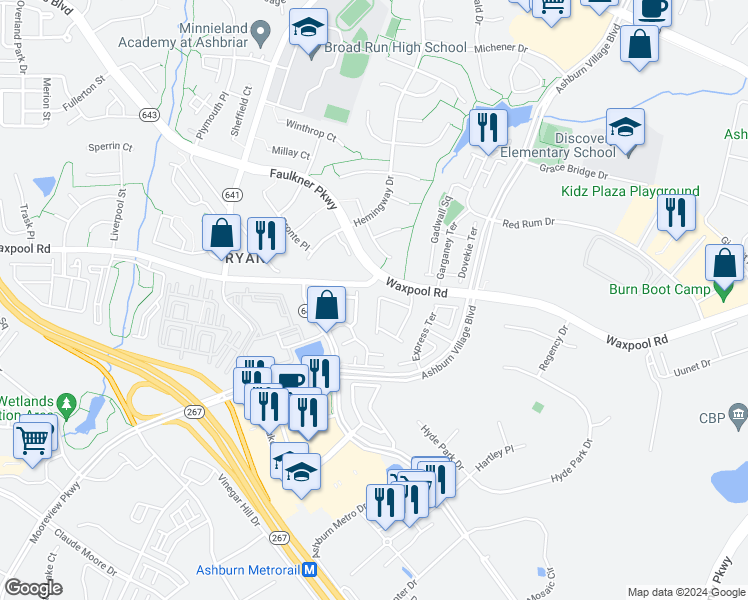 map of restaurants, bars, coffee shops, grocery stores, and more near 21769 Ladyslipper Square in Ashburn