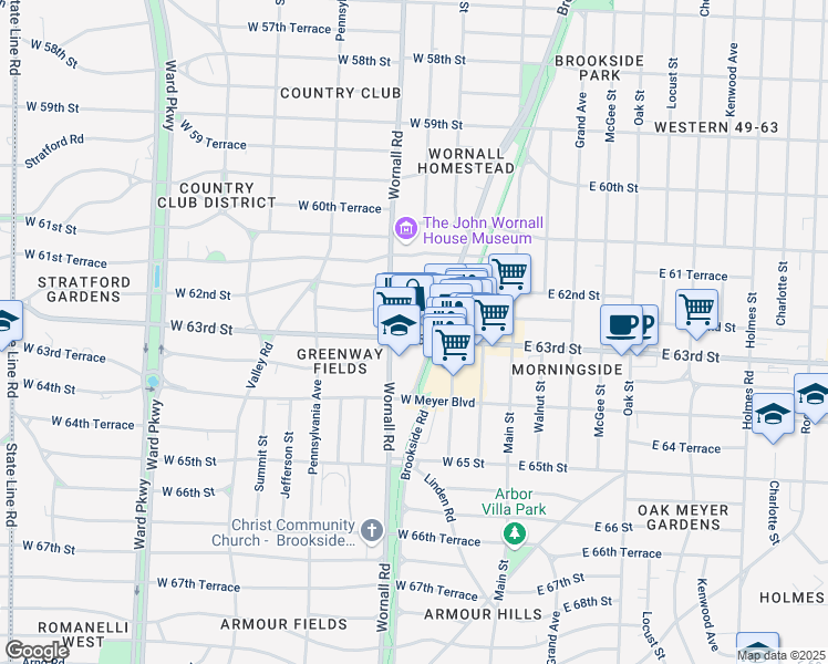 map of restaurants, bars, coffee shops, grocery stores, and more near 320 West 63rd Street in Kansas City