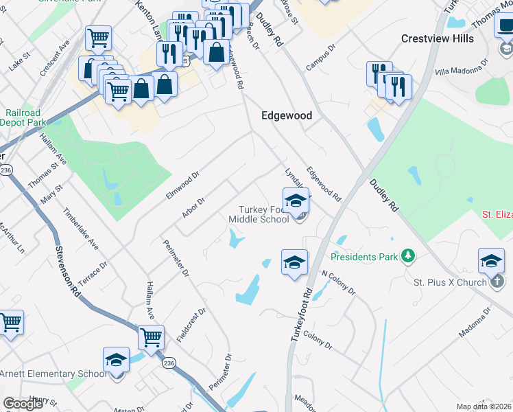 map of restaurants, bars, coffee shops, grocery stores, and more near 3049 Heritage Lane in Edgewood