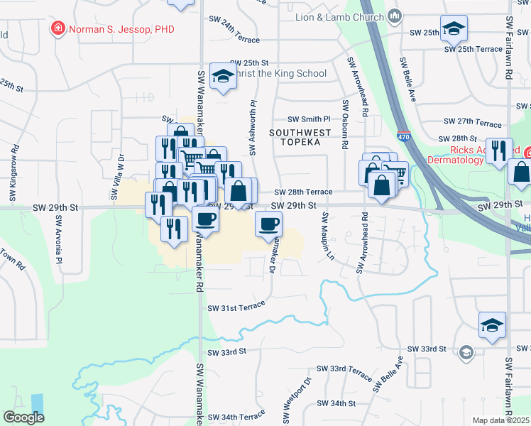 map of restaurants, bars, coffee shops, grocery stores, and more near 3000 Southwest Wanamaker Drive in Topeka
