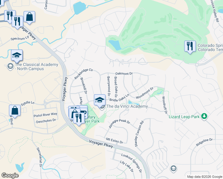 map of restaurants, bars, coffee shops, grocery stores, and more near 12567 Berrywood Drive in Colorado Springs