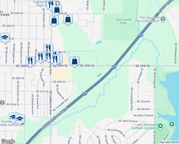 map of restaurants, bars, coffee shops, grocery stores, and more near 2423 Southeast 29th Street in Topeka