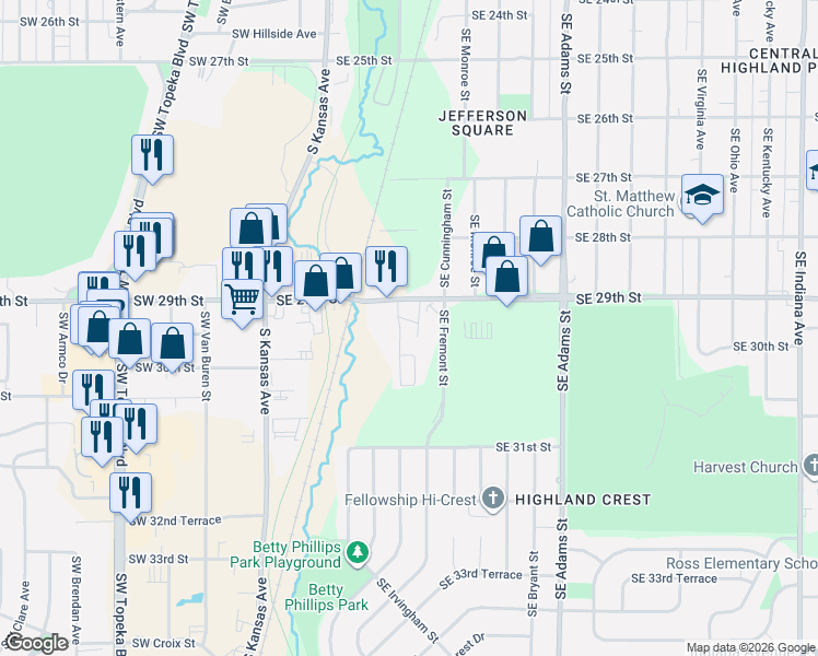 map of restaurants, bars, coffee shops, grocery stores, and more near 245 Southeast 29th Street in Topeka