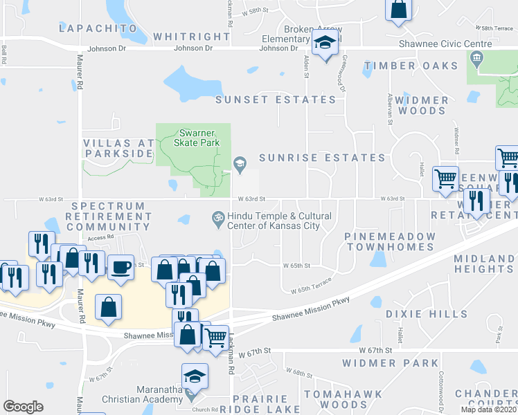 map of restaurants, bars, coffee shops, grocery stores, and more near 6302 Darnell Street in Shawnee