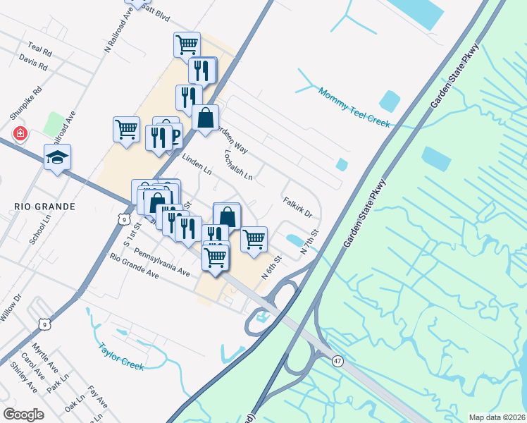 map of restaurants, bars, coffee shops, grocery stores, and more near 9 North 4th Street in Rio Grande