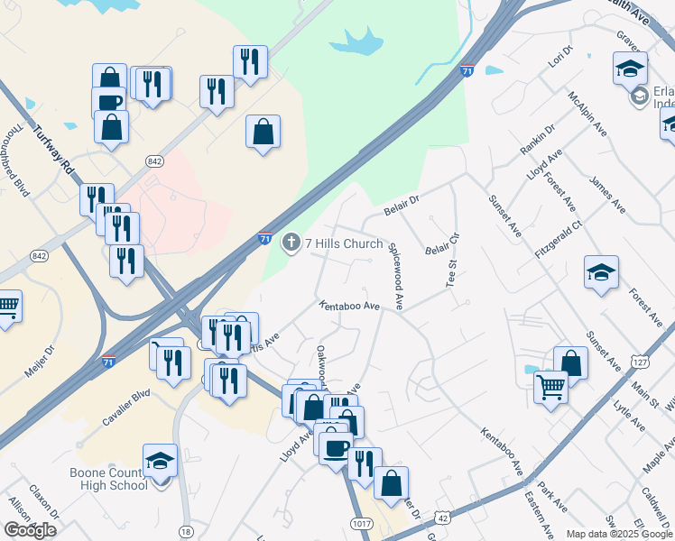 map of restaurants, bars, coffee shops, grocery stores, and more near 6581 Louise Court in Florence