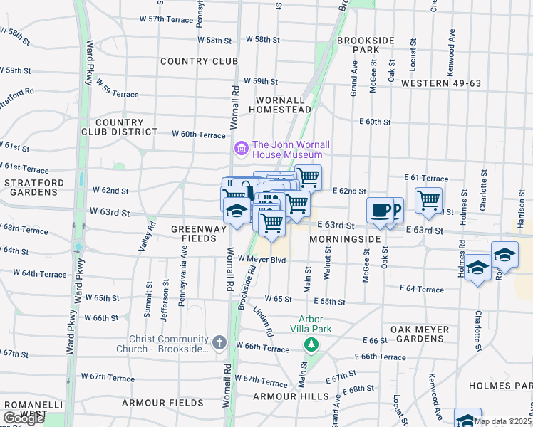 map of restaurants, bars, coffee shops, grocery stores, and more near 320 West 63rd Street in Kansas City