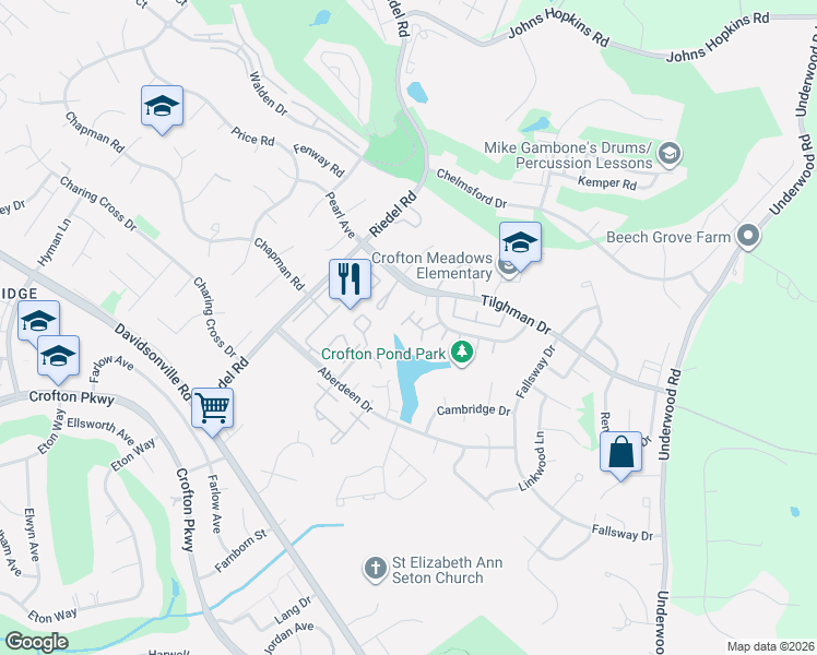 map of restaurants, bars, coffee shops, grocery stores, and more near 1923 Bellarbor Circle in Crofton
