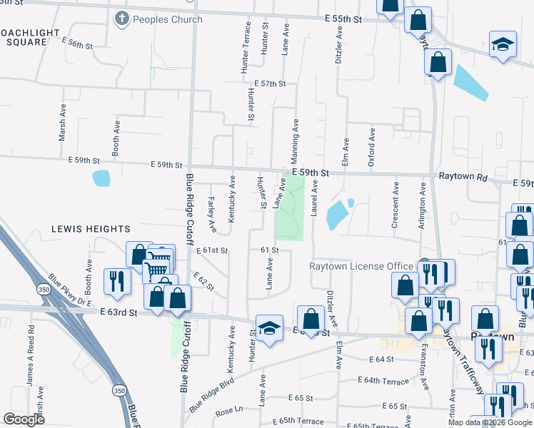 map of restaurants, bars, coffee shops, grocery stores, and more near 8959 East 59 Terrace in Raytown