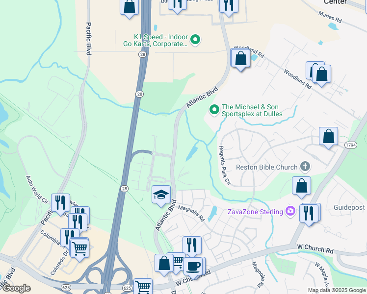 map of restaurants, bars, coffee shops, grocery stores, and more near 21700 Atlantic Boulevard in Sterling