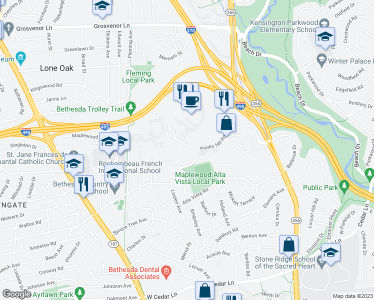 map of restaurants, bars, coffee shops, grocery stores, and more near 5272 Pooks Hill Road in Bethesda