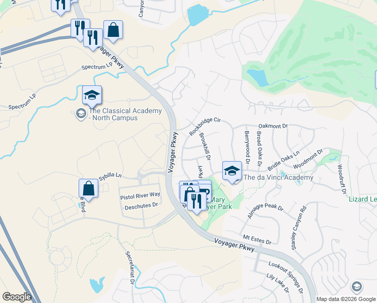 map of restaurants, bars, coffee shops, grocery stores, and more near 1123 Vista Oaks Drive in Colorado Springs
