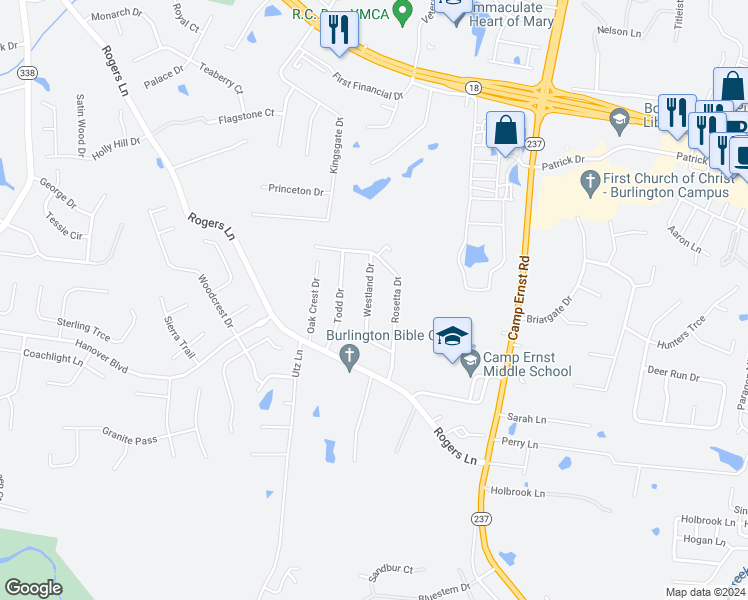 map of restaurants, bars, coffee shops, grocery stores, and more near 6460 Westland Drive in Burlington