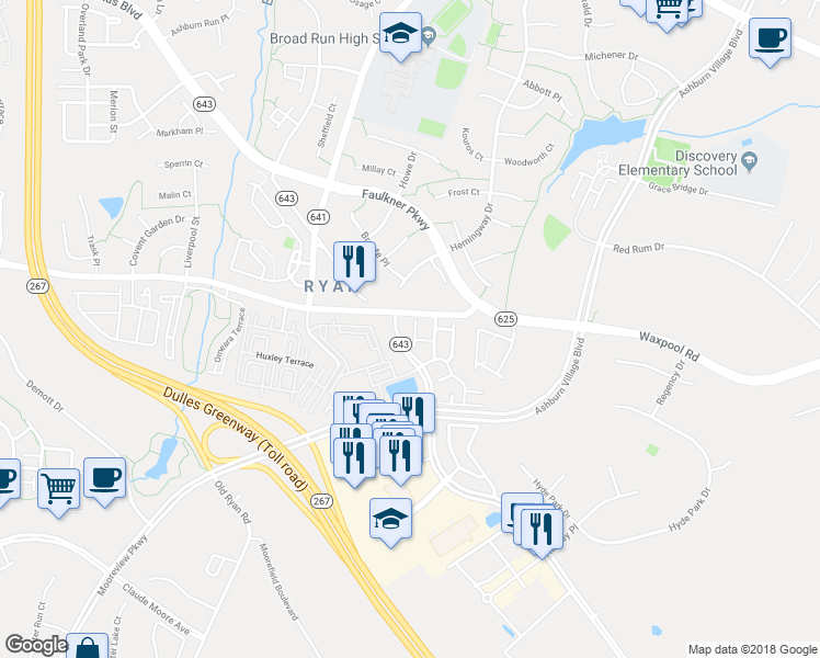 map of restaurants, bars, coffee shops, grocery stores, and more near 21759 Flora Springs Terrace in Ashburn