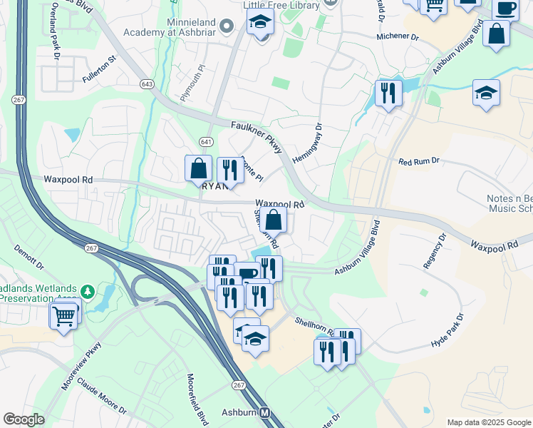map of restaurants, bars, coffee shops, grocery stores, and more near 21759 Flora Springs Terrace in Ashburn
