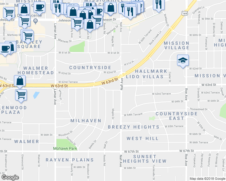 map of restaurants, bars, coffee shops, grocery stores, and more near 6300 Maple Drive in Mission