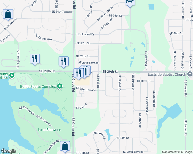 map of restaurants, bars, coffee shops, grocery stores, and more near 2900 SE Peck Rd in Topeka