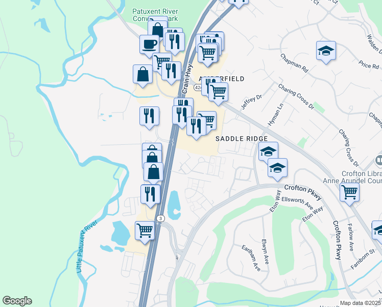 map of restaurants, bars, coffee shops, grocery stores, and more near 1659 Crofton Center in Crofton