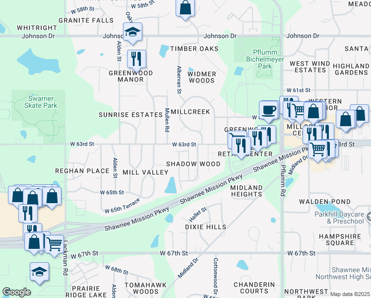 map of restaurants, bars, coffee shops, grocery stores, and more near 14112 West 63rd Street in Shawnee
