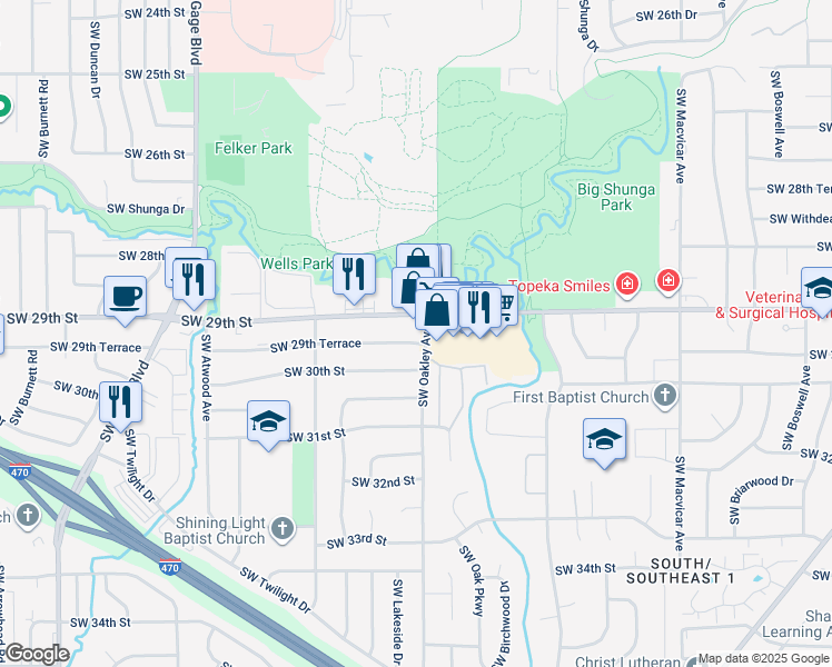 map of restaurants, bars, coffee shops, grocery stores, and more near 3108 Southwest 29th Street in Topeka