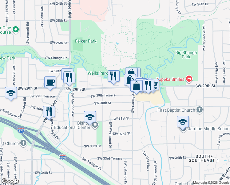 map of restaurants, bars, coffee shops, grocery stores, and more near 3301 Southwest 29th Street in Topeka