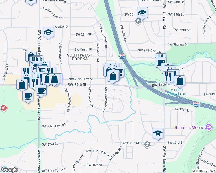 map of restaurants, bars, coffee shops, grocery stores, and more near 2829 Southwest Arrowhead Road in Topeka