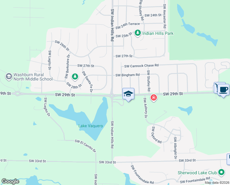 map of restaurants, bars, coffee shops, grocery stores, and more near 2824 SW Indian Hills Rd in Topeka