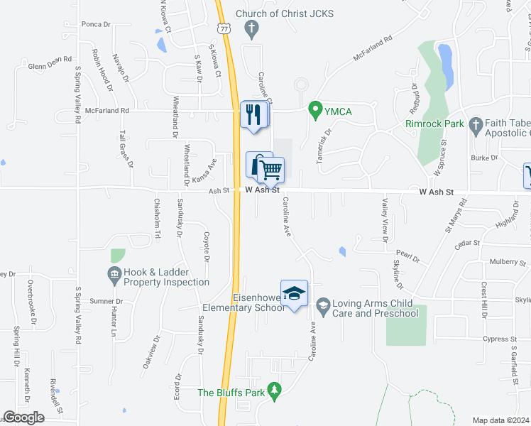 map of restaurants, bars, coffee shops, grocery stores, and more near 1735 West Ash Street in Junction City