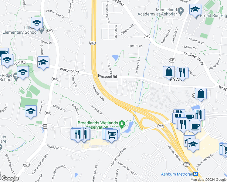 map of restaurants, bars, coffee shops, grocery stores, and more near 43447 Rickenbacker Square in Ashburn
