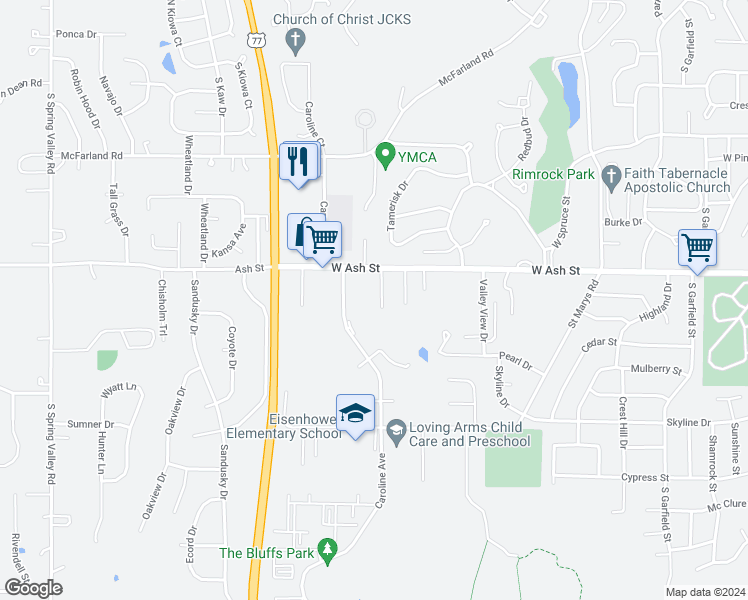 map of restaurants, bars, coffee shops, grocery stores, and more near 918 Windwood Drive in Junction City